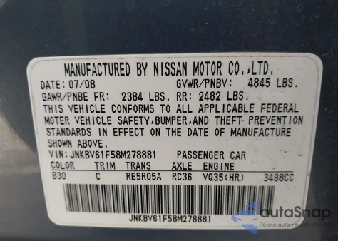 2008 Infiniti G35X z USA, uszkodzony, nr VIN JNKBV61F58M278881